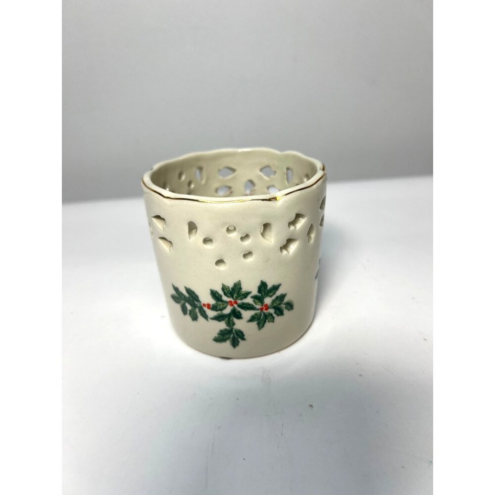 Vintage Christmas Holly Ceramic Votive Candle Holder Pierced Design 4" Height
